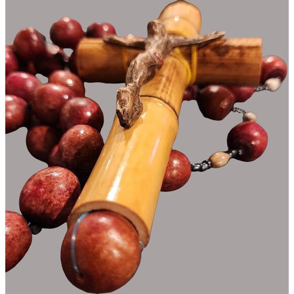 HUGE Handcrafted Wooden Rosary Necklace With Crucifix Red Beads & Yellow String - Picture 12 of 13